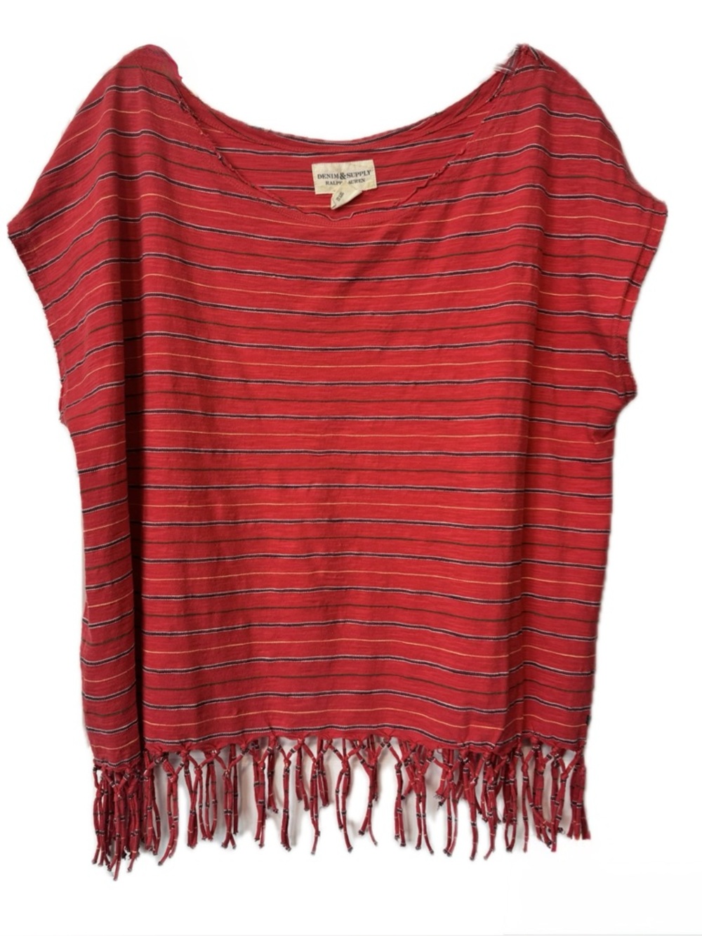 Denim & Supply Ralph Lauren Fringe Hem Striped Boho Top Red Cotton Size M